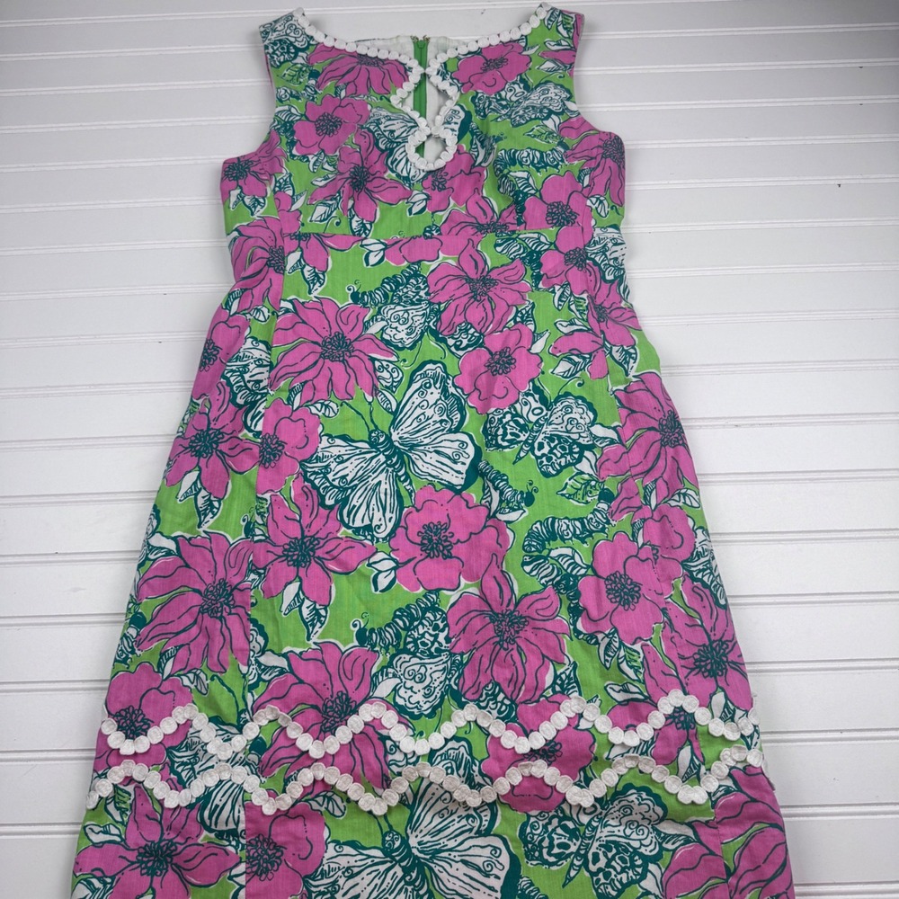 Lilly Pulizter Women's 4 Adelson Shift Dress Cotton Pink Green Butterfly Floral